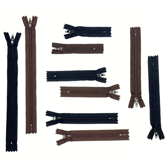 24 Pack Nylon Zippers for Crafts - Black - Dark Brown - 9" - 6" - 5" - 4" - 3"