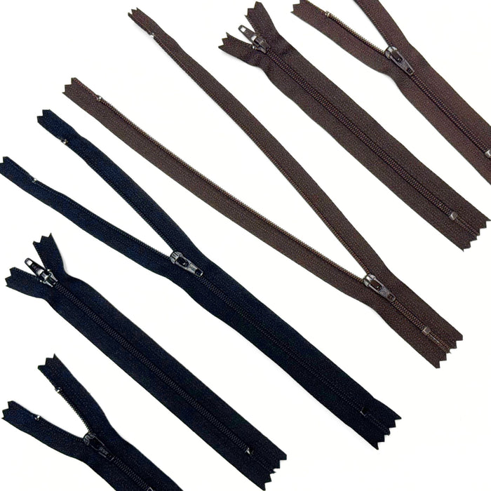 24 Pack Nylon Zippers for Crafts - Black - Dark Brown - 9" - 6" - 5" - 4" - 3"
