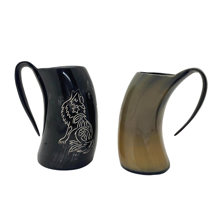 6-7 inch Buffalo Horn Tankard - Howling Fenrir or Compass Viking Mug - Medieval Drinking Vessel