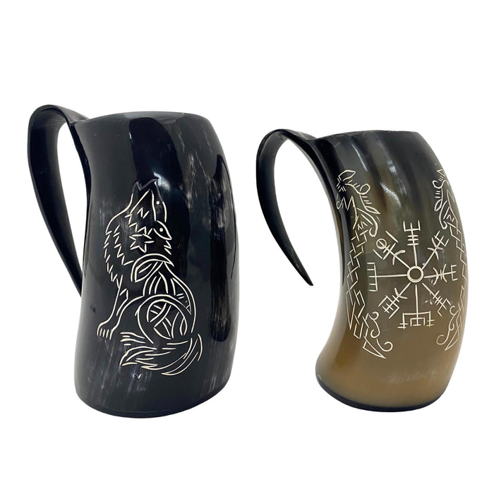 6-7 inch Buffalo Horn Tankard - Howling Fenrir or Compass Viking Mug - Medieval Drinking Vessel