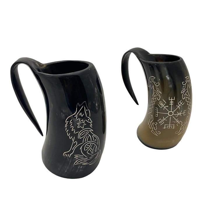 6-7 inch Buffalo Horn Tankard - Howling Fenrir or Compass Viking Mug - Medieval Drinking Vessel