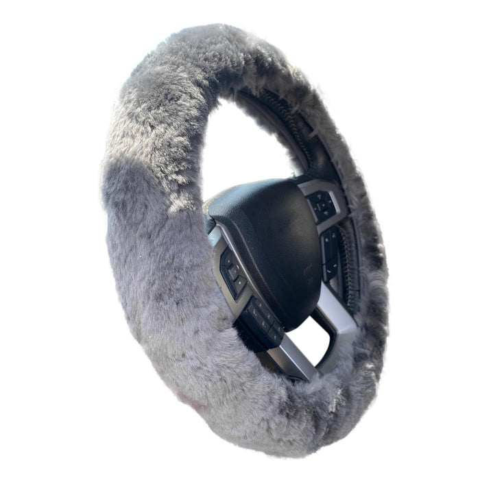 Sheepskin Steering Wheel Cover with Elastic Fitting - Car Accessory in Gray or Beige