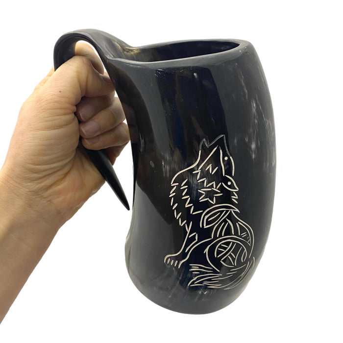 6-7 inch Buffalo Horn Tankard - Howling Fenrir or Compass Viking Mug - Medieval Drinking Vessel