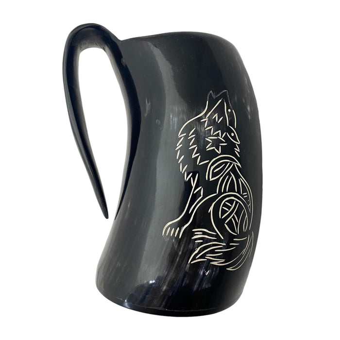 6-7 inch Buffalo Horn Tankard - Howling Fenrir or Compass Viking Mug - Medieval Drinking Vessel