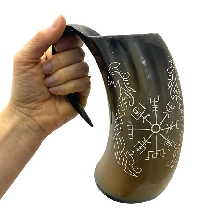 6-7 inch Buffalo Horn Tankard - Howling Fenrir or Compass Viking Mug - Medieval Drinking Vessel