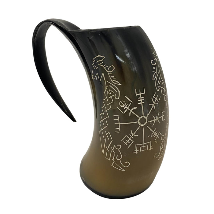 6-7 inch Buffalo Horn Tankard - Howling Fenrir or Compass Viking Mug - Medieval Drinking Vessel