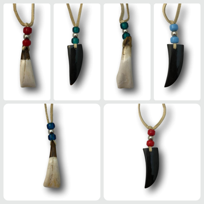 4 Pack of Authentic Hand Carved Bone & Horn Necklace Pendants with Deerskin Lace - Native American Jewelry