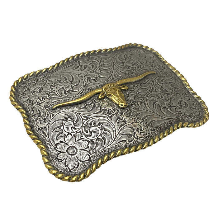 Texas Longhorn Two-toned Gold & Silver Trophy Belt Buckle