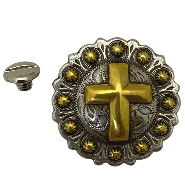 4 Pack Christian Cross Gold Screw Back Conchos - 1 1/4"