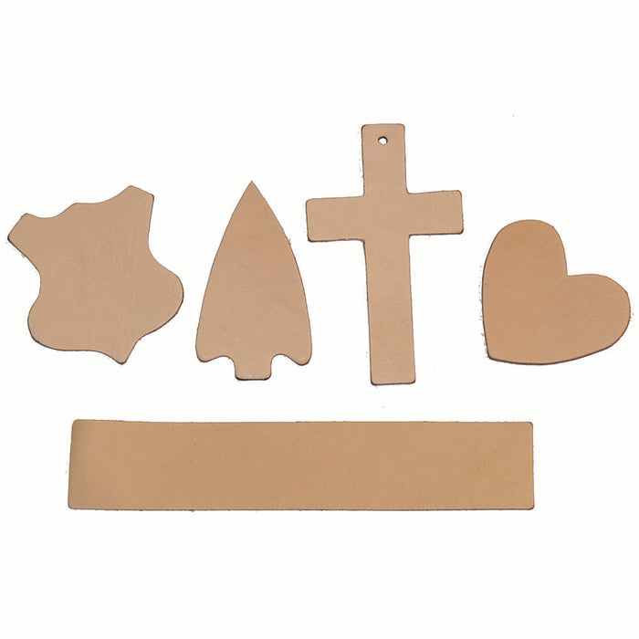 Oak Leather Tooling Shapes for Crafts - Arrowhead - Badge - Cross - Heart - Rectangle - 12 Pack