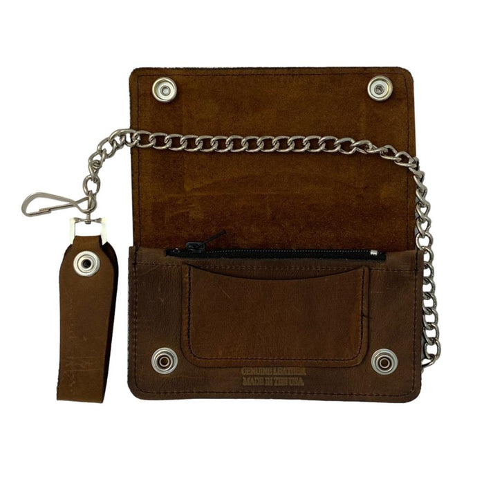 Brown Leather Trucker Wallet with Zipper and Snap Closure