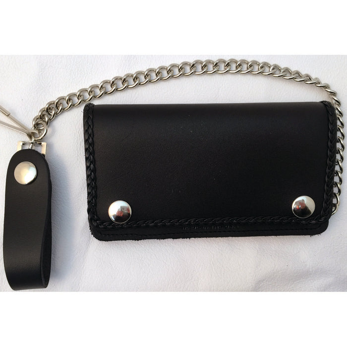 Braided Black Leather Trucker Wallet with Chain - Snap Biker Wallet