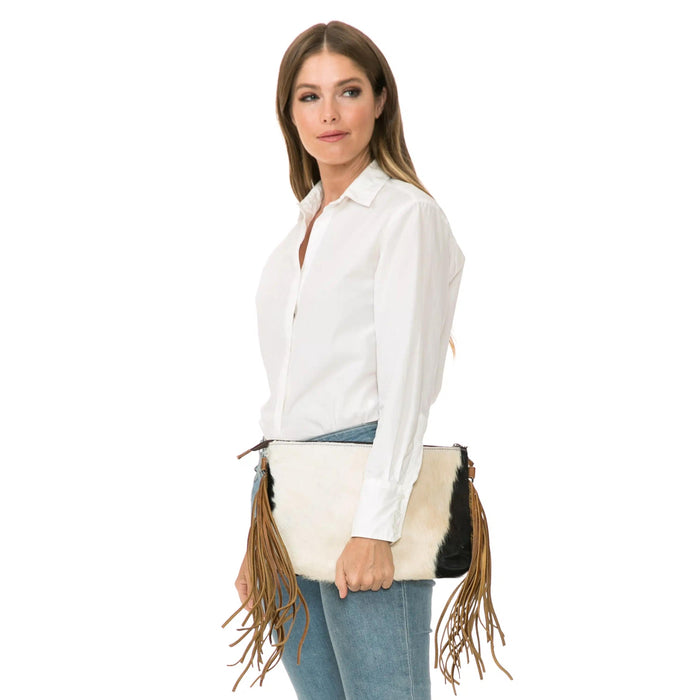 Hair On Crossbody Leather Purse with Fringe Accent