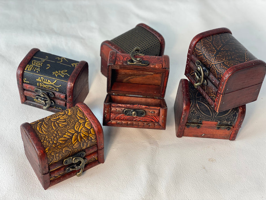 Hand Crafted Leather & Wood Jewelry Boxes - Set of 6 - Embossed Leather Design Boxes