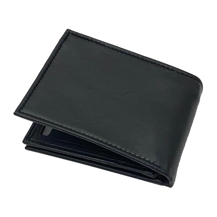 Bifold Flap Black Leather Security Wallet with Card Holders, ID Slot, and Money Pockets