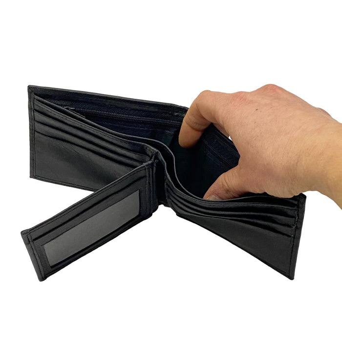 Bifold Flap Black Leather Security Wallet with Card Holders, ID Slot, and Money Pockets