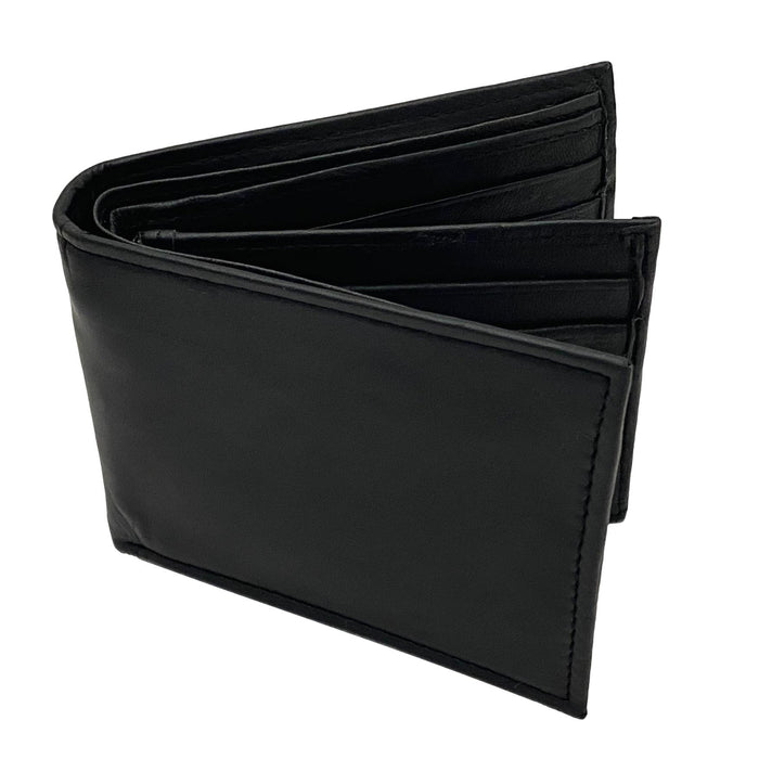 Bifold Flap Black Leather Security Wallet with Card Holders, ID Slot, and Money Pockets