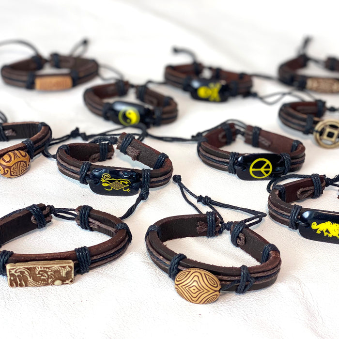 Handcrafted Leather Bracelets with Bead Accents - 12 Pack