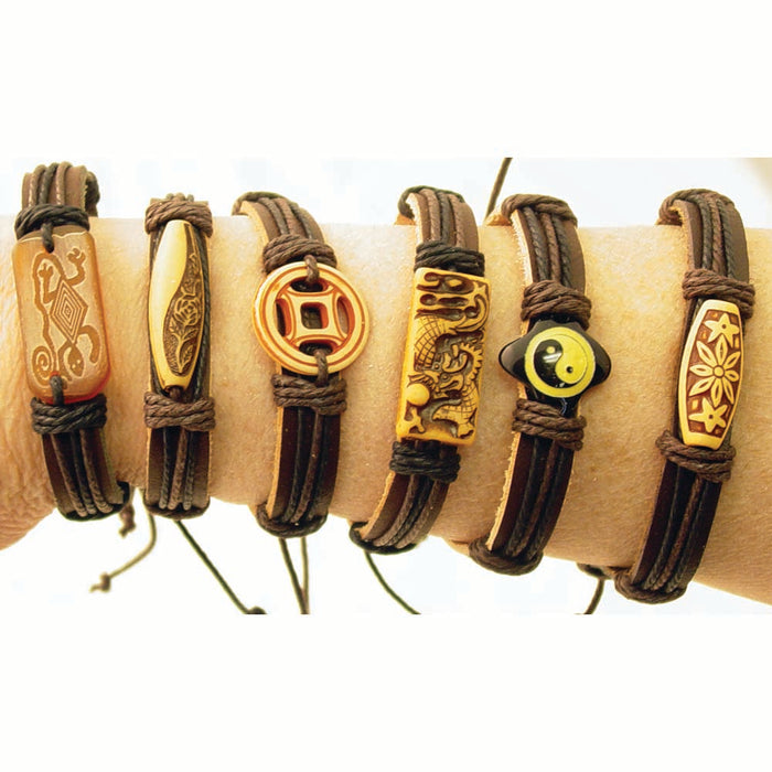 Handcrafted Leather Bracelets with Bead Accents - 12 Pack