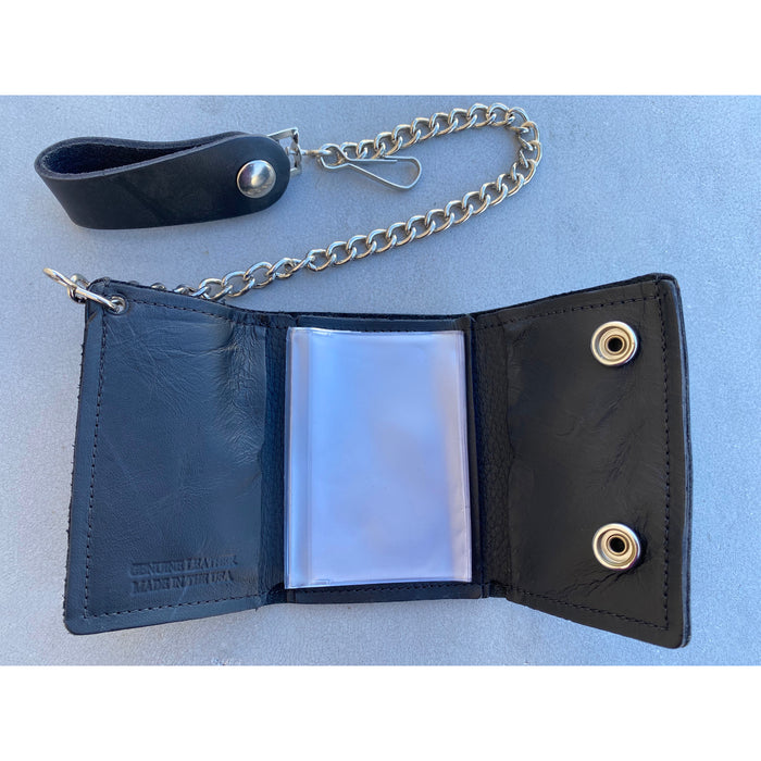 Embossed Black Leather Trifold Men's Wallet with Chain - Eagle - Deer - Skull