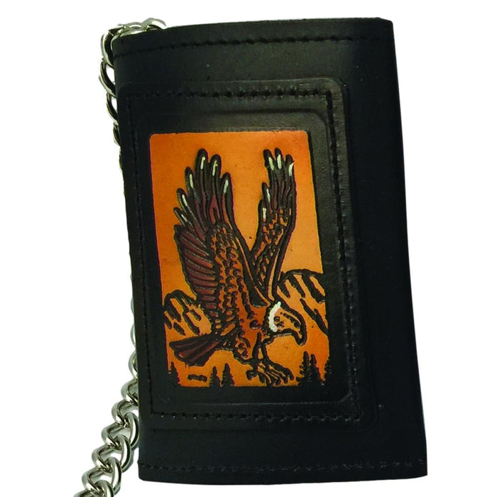 Embossed Black Leather Trifold Men's Wallet with Chain - Eagle - Deer - Skull