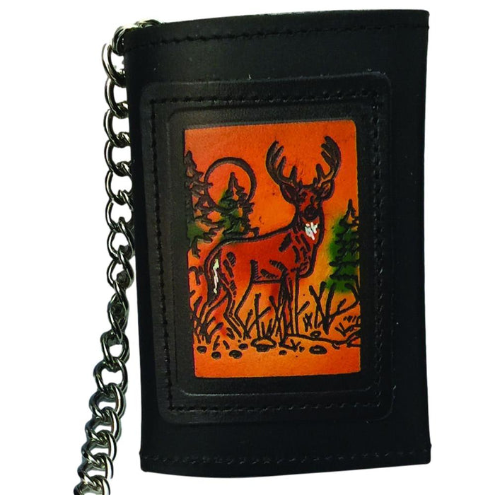 Embossed Black Leather Trifold Men's Wallet with Chain - Eagle - Deer - Skull