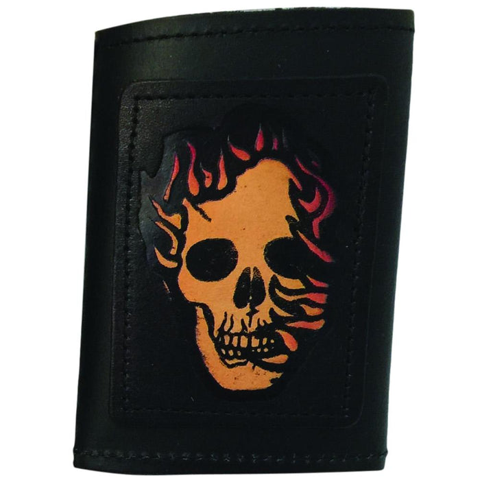 Embossed Black Leather Trifold Men's Wallet with Chain - Eagle - Deer - Skull