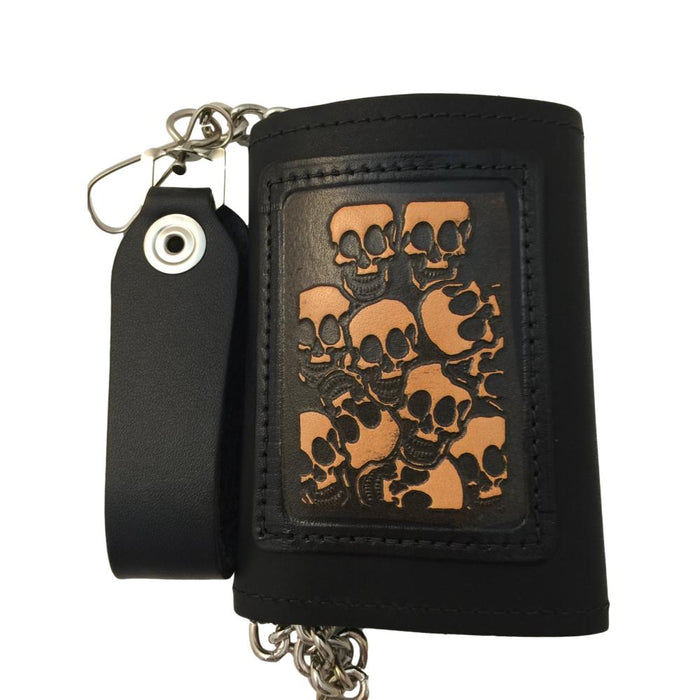 Embossed Black Leather Trifold Men's Wallet with Chain - Eagle - Deer - Skull