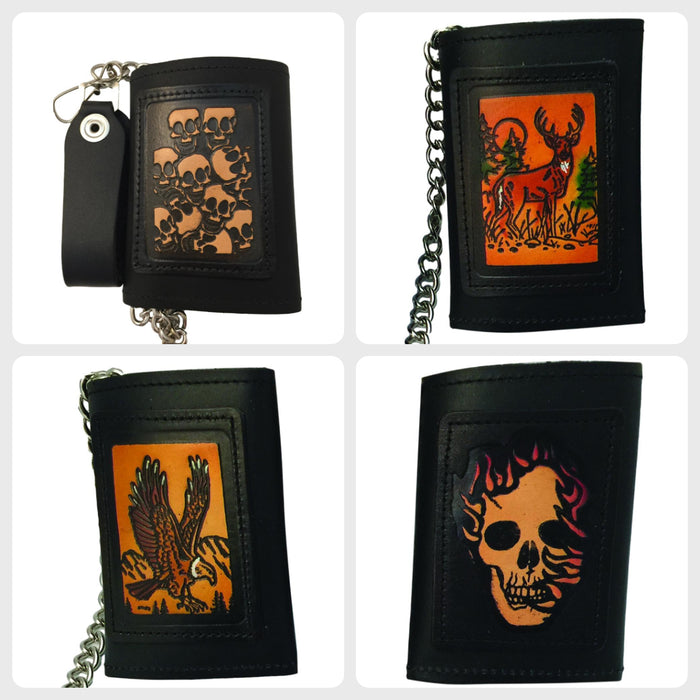 Embossed Black Leather Trifold Men's Wallet with Chain - Eagle - Deer - Skull