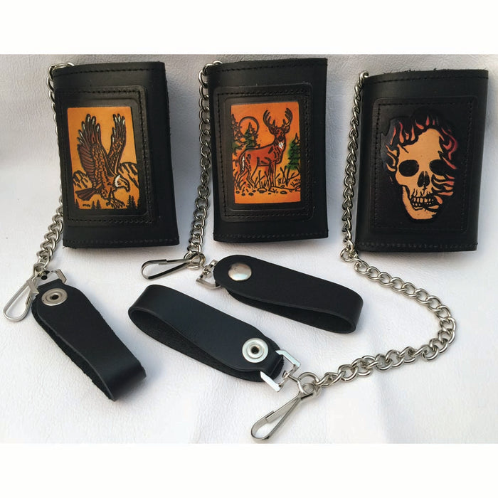 Embossed Black Leather Trifold Men's Wallet with Chain - Eagle - Deer - Skull