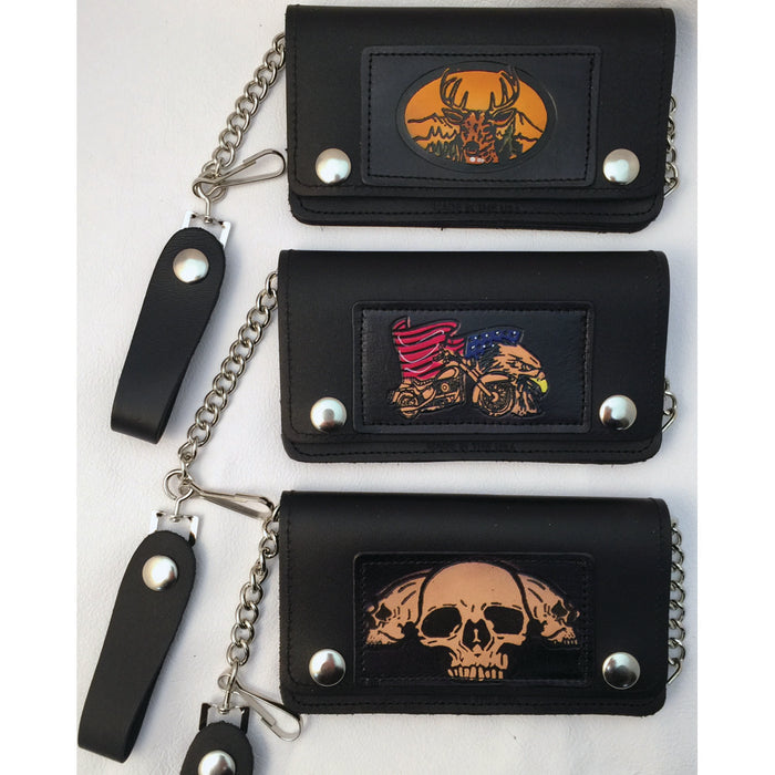 Small Embossed Leather Trucker Wallets with Chain - Deer - Eagle & Bike - Skull