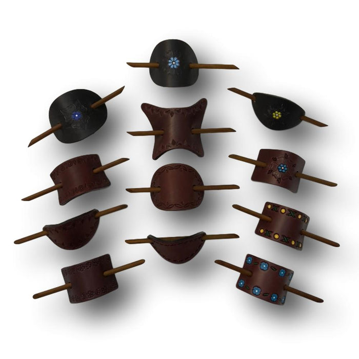 Large & Extra Large Genuine Leather Barrettes with Sticks - Handmade Tooled, Painted and Dyed Hair Accessories