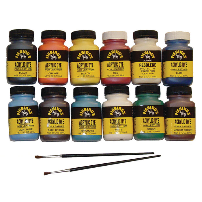 Fiebing's Acrylic Dye Pack - 11 Paint Colors, 2 Brushes & Acrylic Resolene