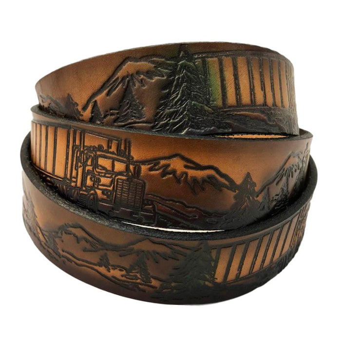 Truck Themed Deeply Embossed Dyed Leather Belt - 42" to 54"