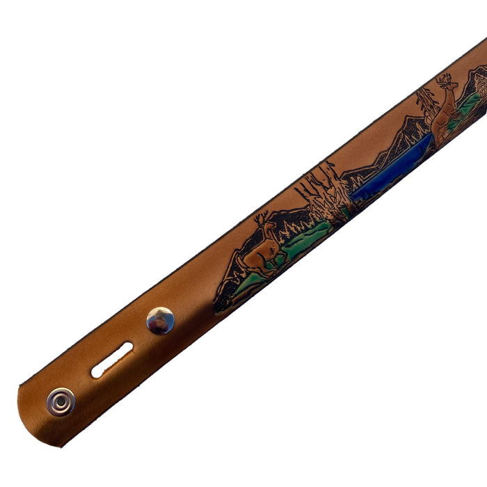 Deer Hunter Themed Deeply Embossed Dyed Leather Belt - 42" to 54"