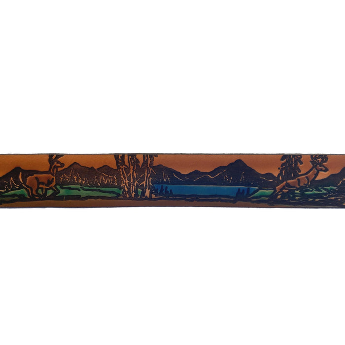 Deer Themed Deeply Embossed Dyed Leather Belt - 42" to 54"