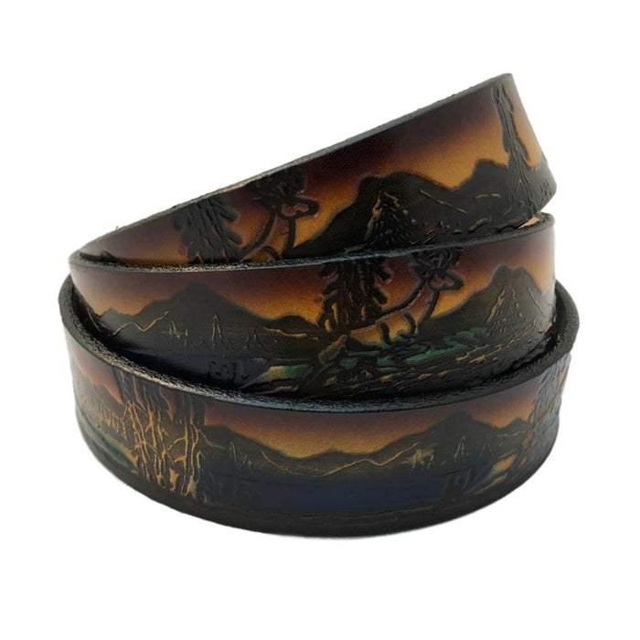 Deer Themed Deeply Embossed Dyed Leather Belt - 42" to 54"
