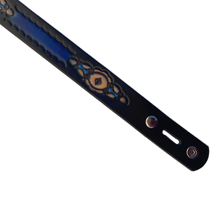 Blue & Black Southwest Design Deeply Embossed Dyed Leather Belt - 42" to 54"