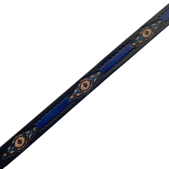 Blue & Black Southwest Design Deeply Embossed Dyed Leather Belt - 42" to 54"