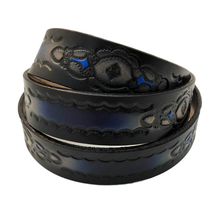 Blue & Black Southwest Design Deeply Embossed Dyed Leather Belt - 42" to 54"