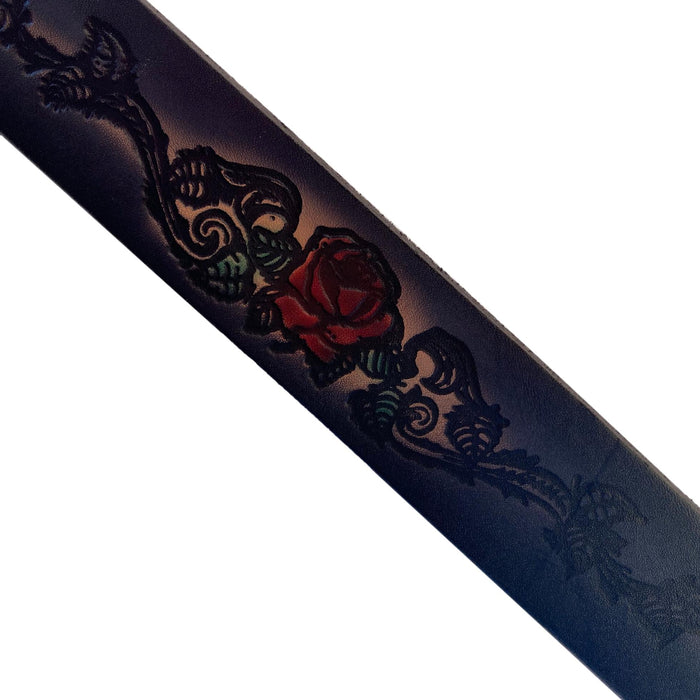 Red Rose Rider Themed Deeply Embossed Dyed Leather Belt - 42" to 54"