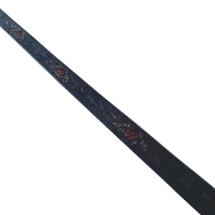 Red Rose Rider Themed Deeply Embossed Dyed Leather Belt - 42" to 54"