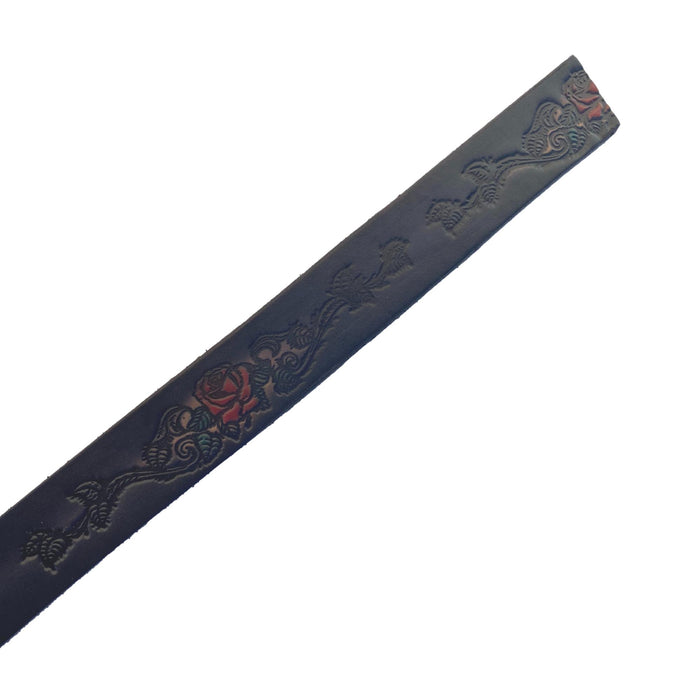 Red Rose Rider Themed Deeply Embossed Dyed Leather Belt - 42" to 54"