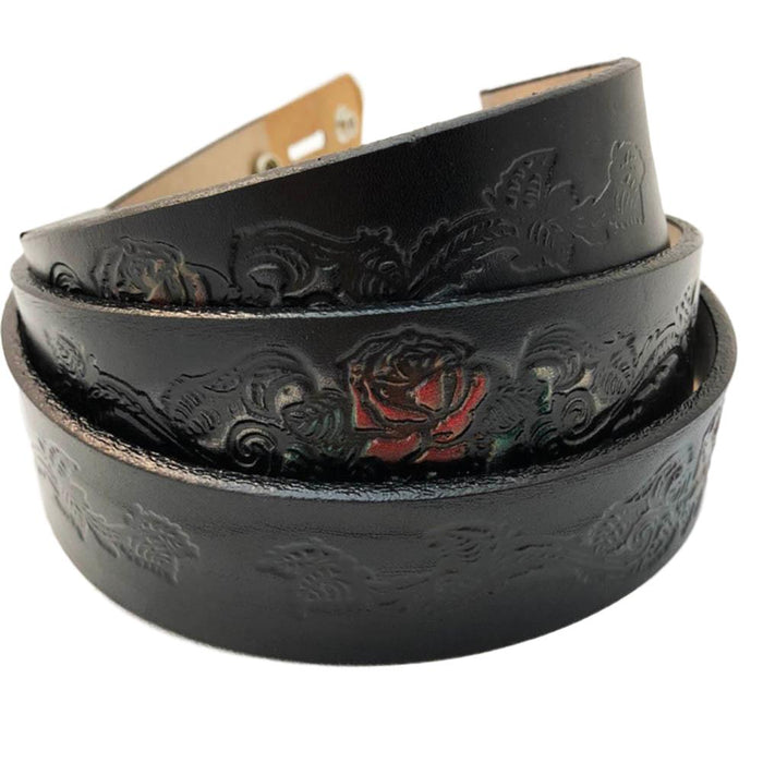 Red Rose Rider Themed Deeply Embossed Dyed Leather Belt - 42" to 54"