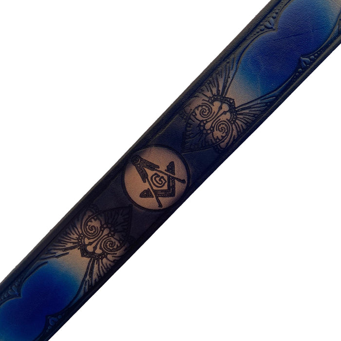 Blue & Black Masonic Deeply Embossed Dyed Leather Belt - 42" to 54"
