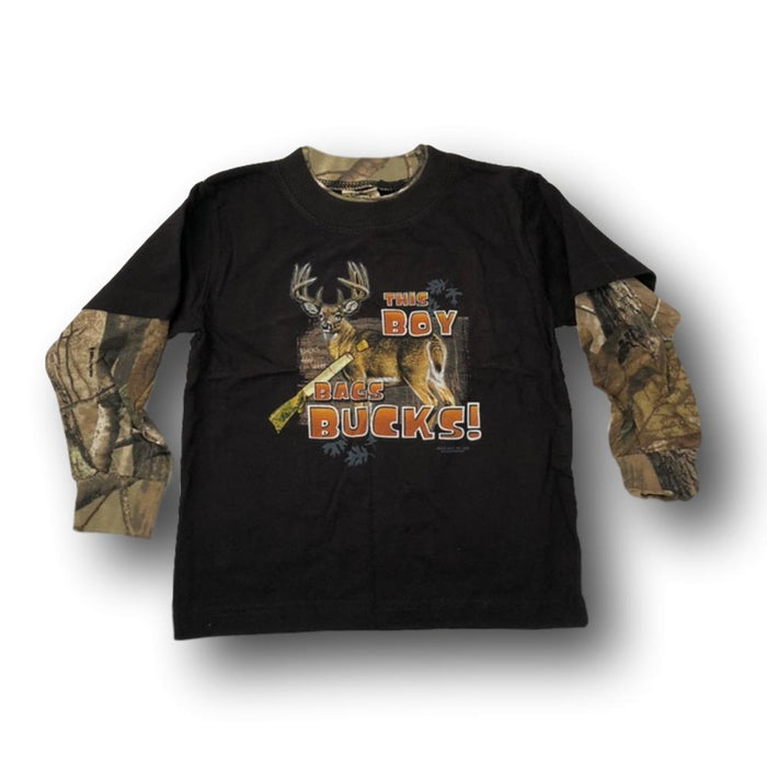 "This Boy Bags Bucks" Long Sleeve Little Hunter Camo T-shirt - 2T