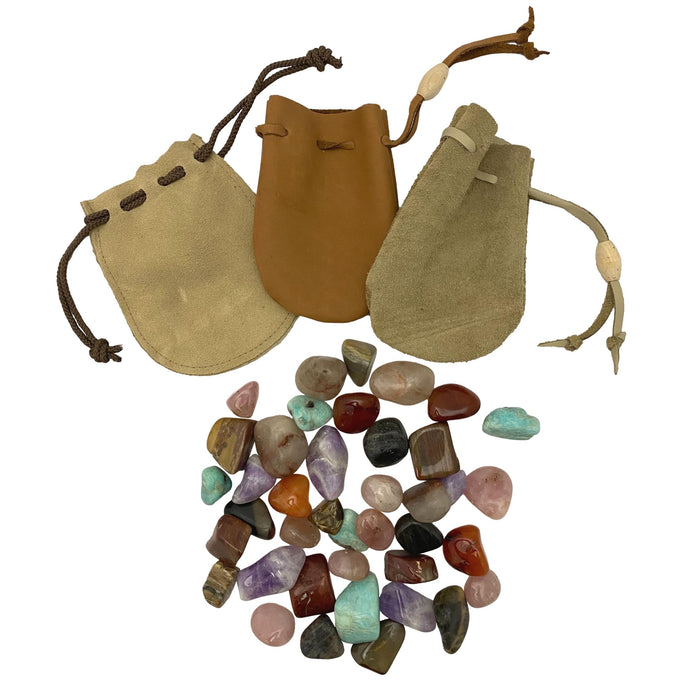 Assorted Tumblestone - Mixed Polished Stones - Leather Pouch with Tumbled Stones