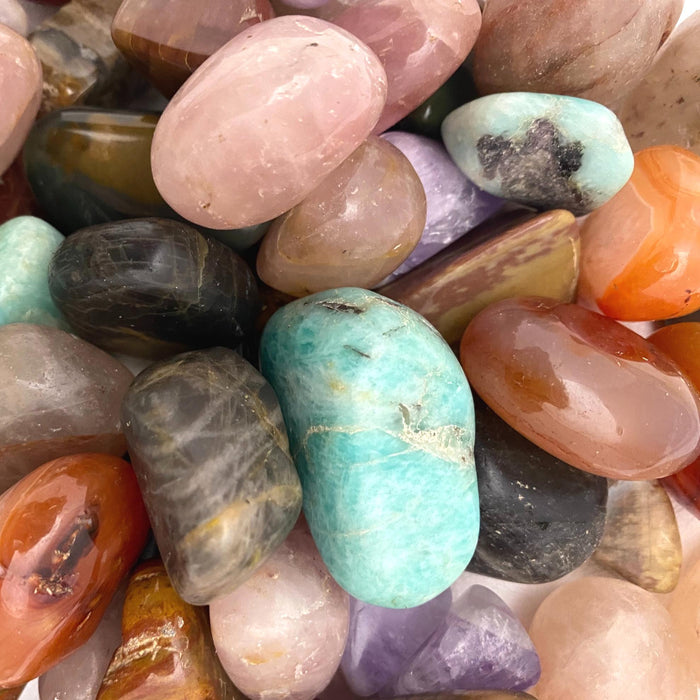 Assorted Tumblestone - Mixed Polished Stones - Leather Pouch with Tumbled Stones