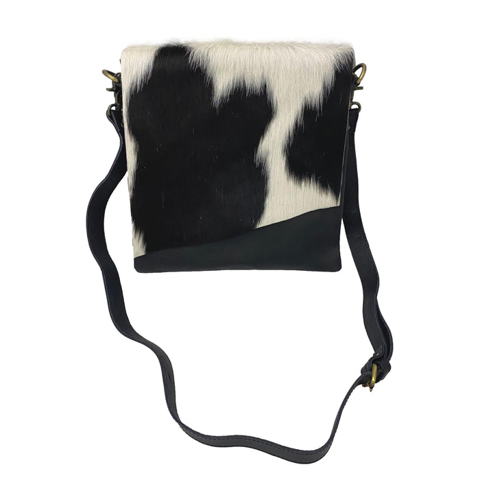 Hair On Hide Crossbody Messenger Bag - Black and White Asymmetrical Design Purse
