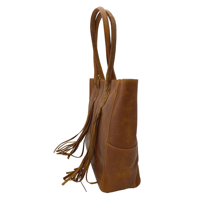 Leather Tote with Tassels - Black - Tan